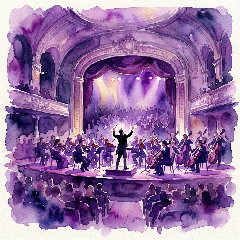 Ilustración en acuarela de un concierto de música clásica en un gran salón, con un director dirigiendo una orquesta en el escenario y público en primer plano, evocando la atmósfera del festival Primavera de Praga 2026.