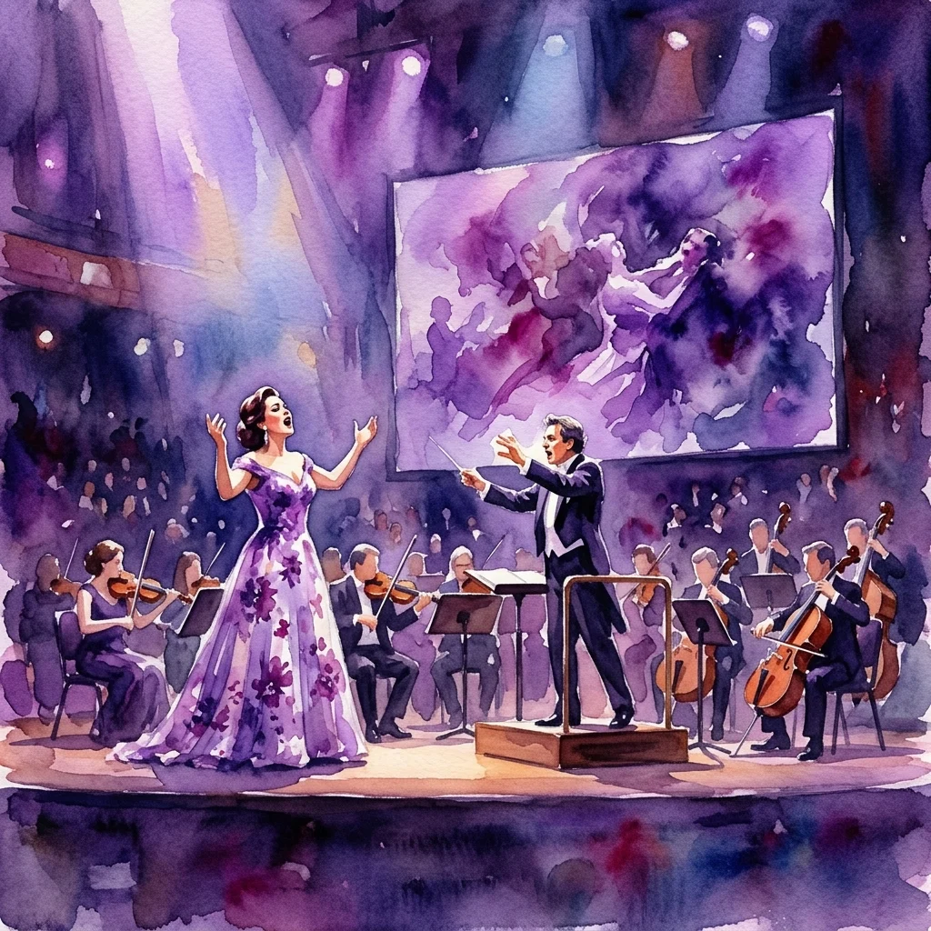 Una ilustración en acuarela de una soprano con un vestido floral morado actuando en el escenario con un director y orquesta durante el festival Primavera de Praga 2026. La escena incluye iluminación de escenario y una pantalla grande que muestra proyecciones abstractas.