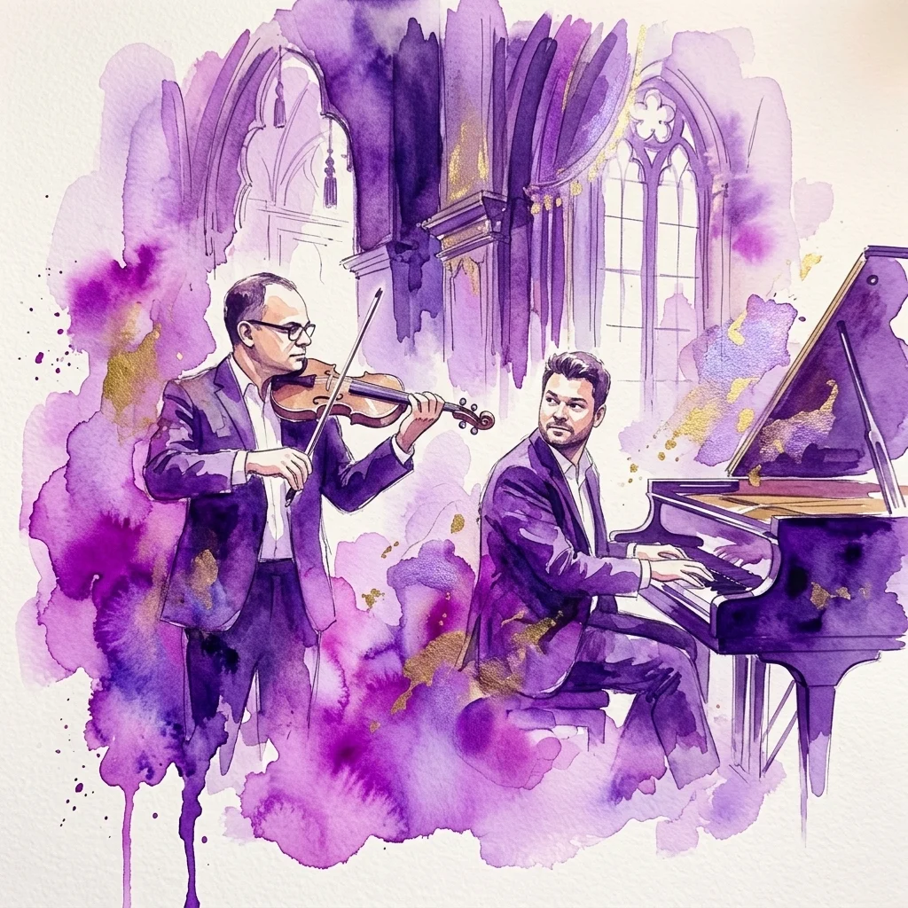 Una ilustración en acuarela de un violinista y un pianista interpretando música clásica en una gran sala de conciertos con detalles en púrpura y dorado.