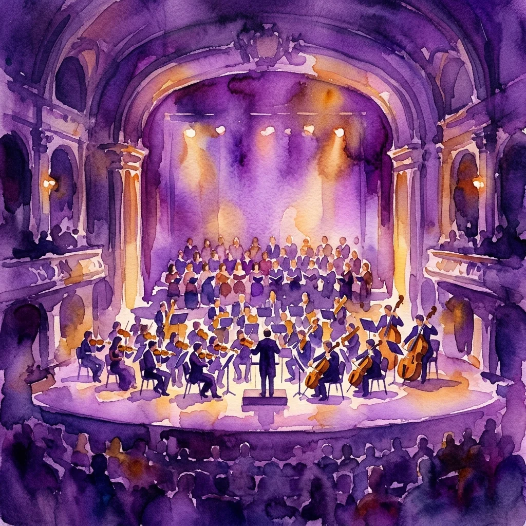 Ilustración en acuarela de un concierto de música clásica en un gran salón, con una orquesta y un coro en el escenario bajo una iluminación cálida, evocando la atmósfera del festival Primavera de Praga.
