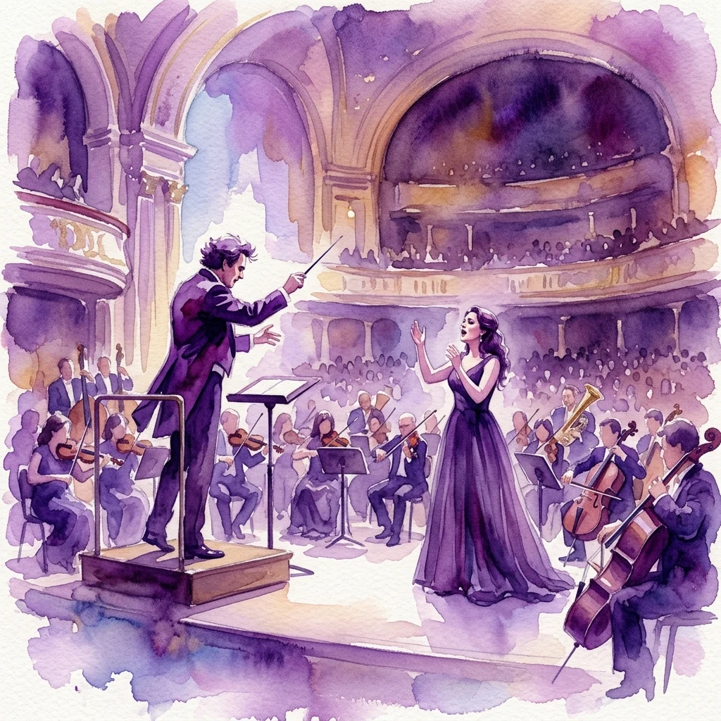 Una ilustración en acuarela de una orquesta sinfónica actuando en una gran sala de conciertos, con un director dirigiendo a los músicos y una solista mezzosoprano cantando en el escenario.