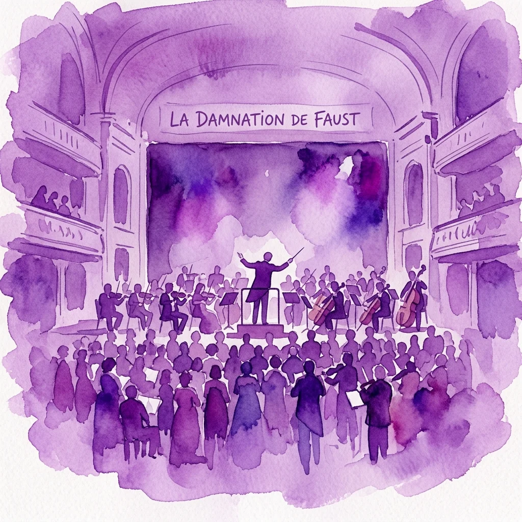 A watercolor illustration of a grand concert hall performance of Hector Berlioz's 'La Damnation de Faust' at the Prague Spring festival, featuring a conductor, orchestra, choir, and audience in a dramatic purple-hued setting.