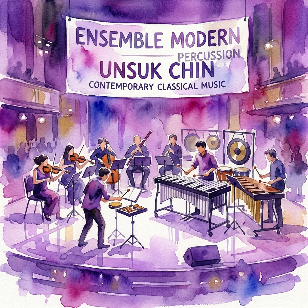 Ilustración en acuarela del Ensemble Modern interpretando música clásica contemporánea de Unsuk Chin, con instrumentos de percusión en el escenario bajo una sala de conciertos iluminada de color púrpura.