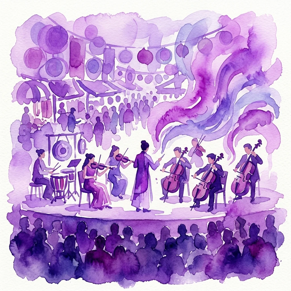 Una ilustración en acuarela de un concierto de música clásica contemporánea con músicos actuando en el escenario, inspirada en la estética de Asia Oriental y atmósferas de mercado, con instrumentos de cuerda y percusión bajo tonos púrpuras y azules.