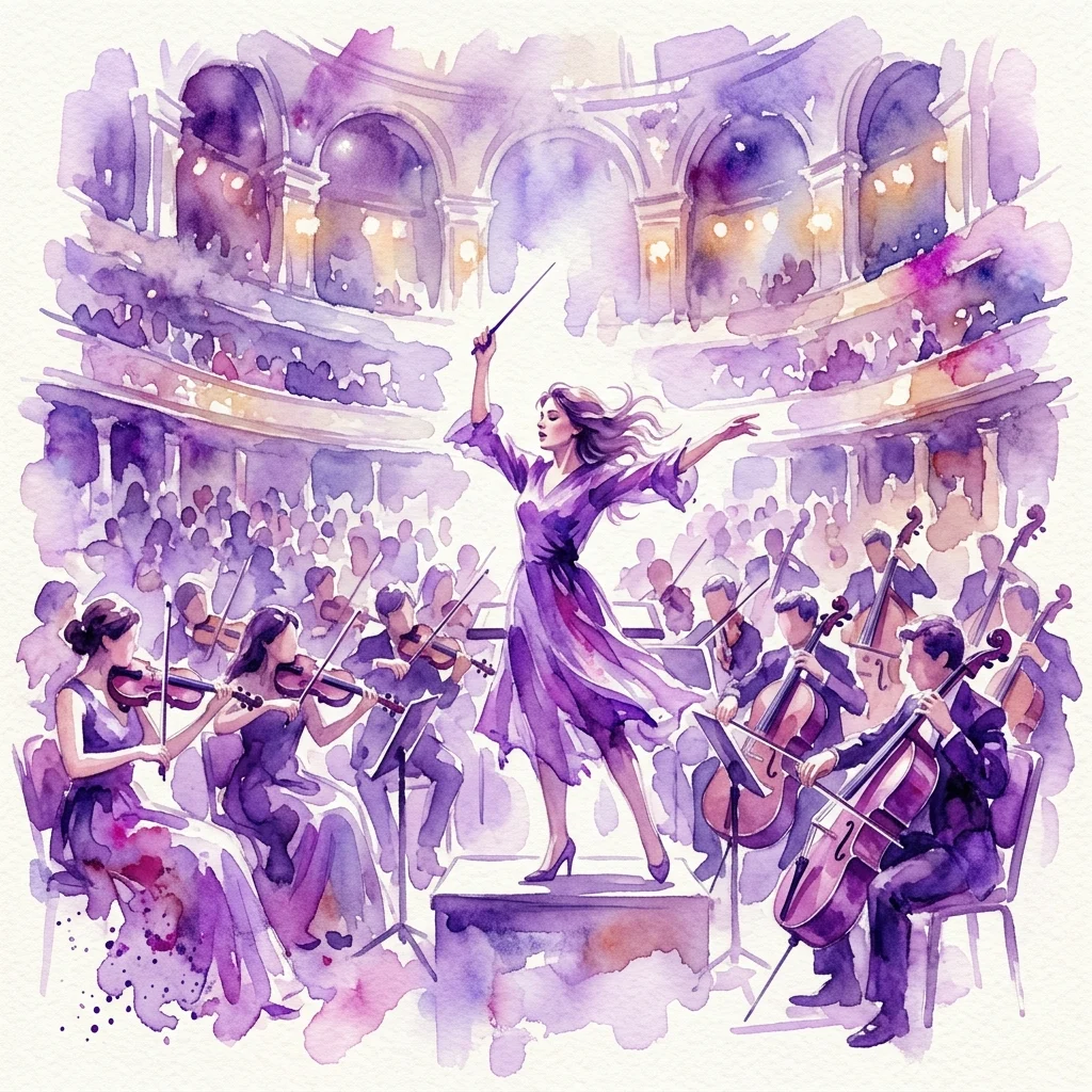 Una ilustración en acuarela de una directora de orquesta liderando una orquesta en una gran sala de conciertos, con músicos tocando instrumentos de cuerda bajo una cálida iluminación escénica.