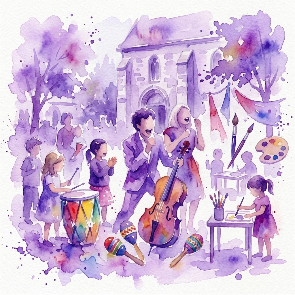 Una ilustración en acuarela de niños y familias disfrutando de un vibrante festival al aire libre en el Convento de Santa Inés, con instrumentos musicales, materiales de arte e interacciones alegres en un entorno de jardín.