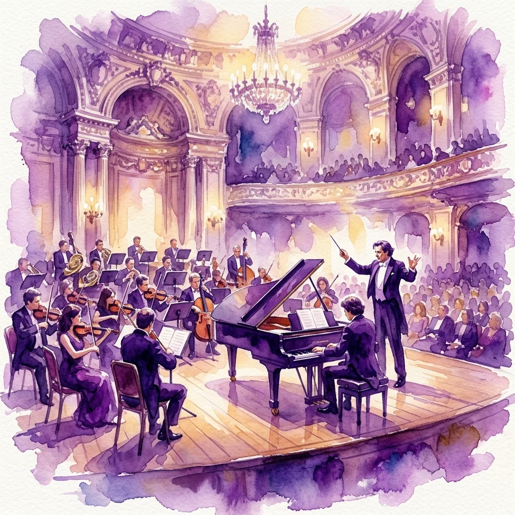 Ilustración en acuarela de un concierto de música clásica en una ornamentada sala de conciertos, con un pianista en un gran piano, un director dirigiendo una orquesta y un público en los palcos.