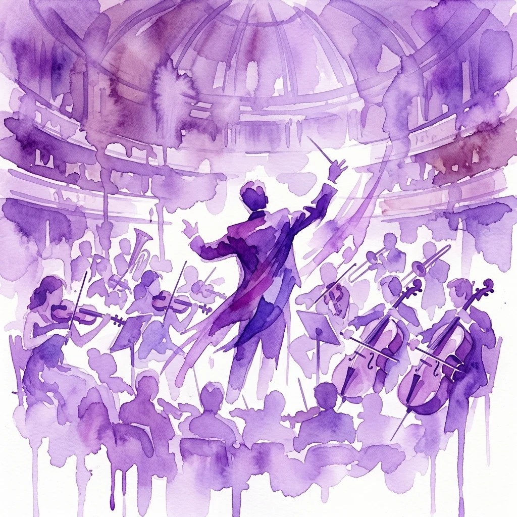 Una ilustración en acuarela de una orquesta sinfónica actuando en una gran sala de conciertos, con un director guiando a músicos que tocan instrumentos de cuerda, viento madera y metal.
