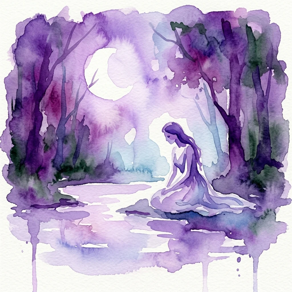 A watercolor illustration of a water nymph sitting by a moonlit pond in a purple-hued forest, evoking the tragic romance of Dvořák's opera Rusalka.