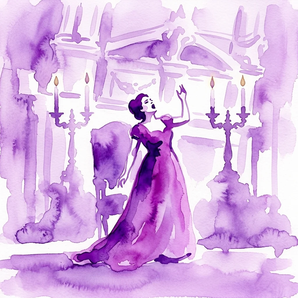 Una ilustración en acuarela de una diva con un vestido morado cantando en el escenario, rodeada de candelabros, evocando la ópera Tosca de Puccini.