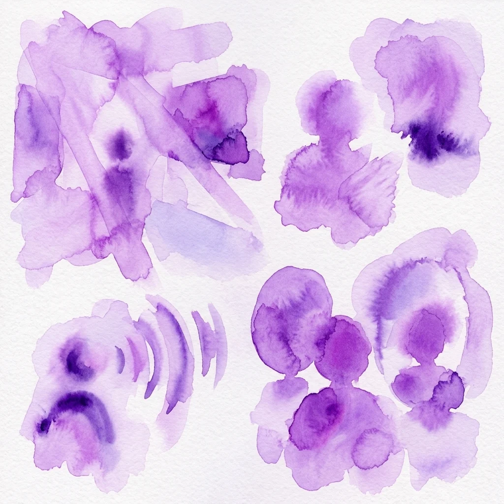 Purple watercolor abstract art featuring various organic shapes and textures on white paper, representing themes of self-reflection and sensory exploration.