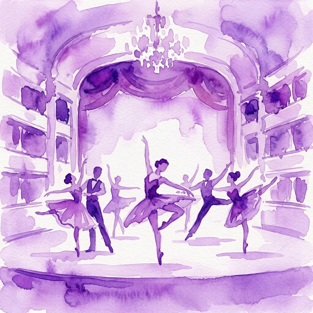 Ilustración en acuarela de bailarines de ballet actuando en el escenario de un gran teatro, inspirada en 'Who Cares?' de George Balanchine, con tonos púrpuras que evocan la era de 1930.