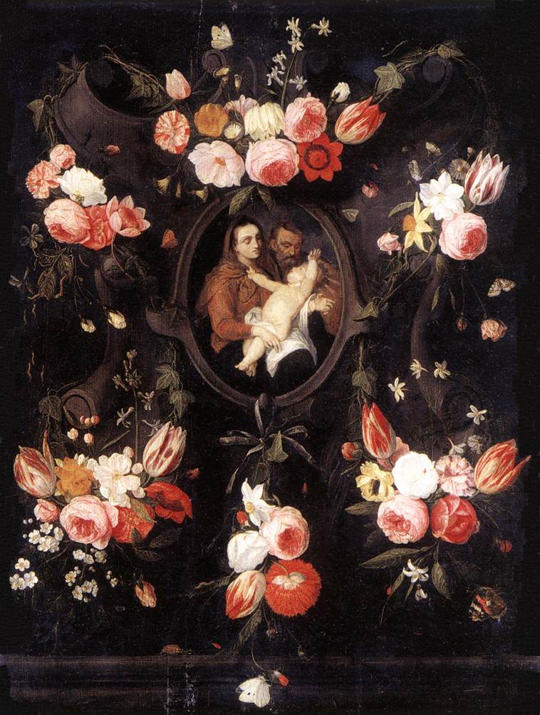 A painting of the Holy Family in an oval frame surrounded by flowers and plants