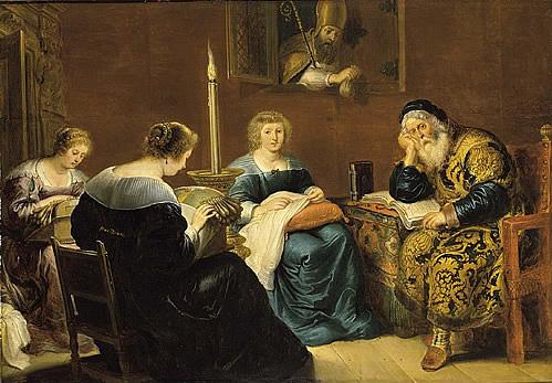 Baroque painting of four people in a dimly lit room, one reading a book, with a candle and a portrait on the wall