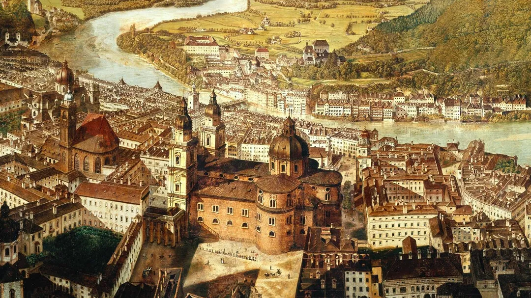 Section of a historical panoramic painting showing Salzburg's old town, the winding Salzach river, and the domed Salzburg Cathedral.