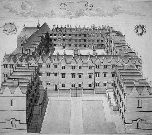 Historyczny miedzioryt przedstawiający widok z lotu ptaka na pierwszy dziedziniec Oriel College, ukazujący otaczające go budynki oraz centralny plac.