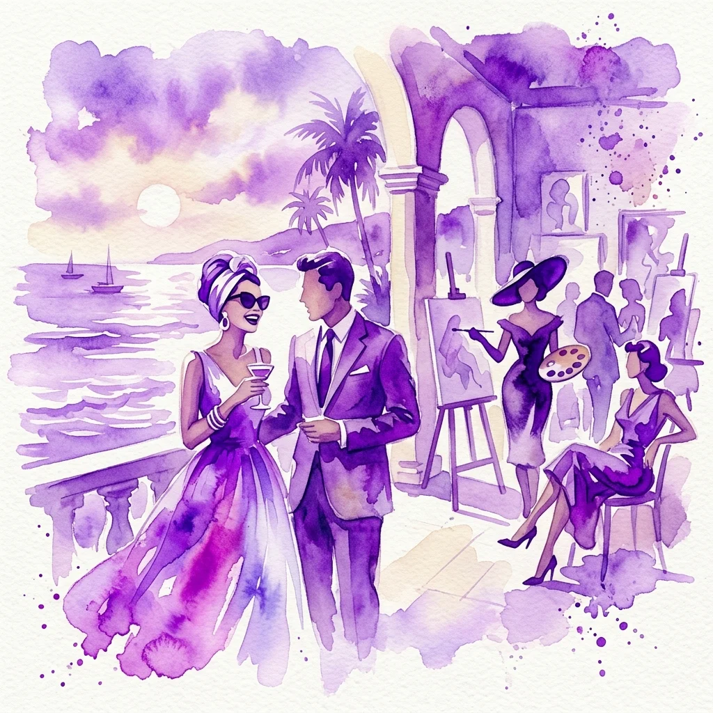 Tętniąca życiem fioletowa ilustracja akwarelowa przedstawiająca splendor XX-wiecznych celebrytów z elegancko ubranymi postaciami na tarasie nadmorskim, wywołująca poczucie retro luksusu i filmowego uroku.