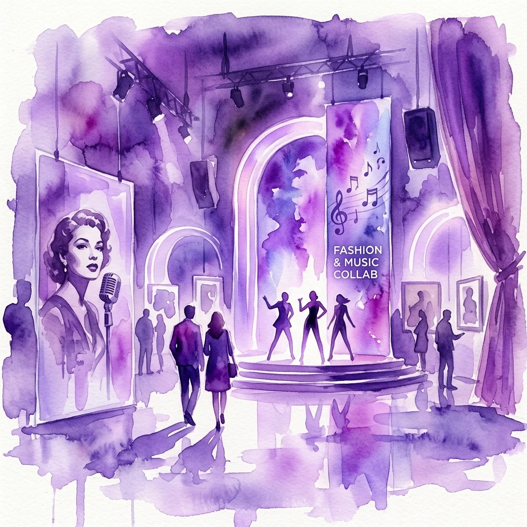 Ilustracja akwarelowa przestrzeni wystawienniczej z fioletowym oświetleniem, przedstawiająca scenę z sylwetkami, duże portrety i tekst o treści 'FASHION & MUSIC COLLAB', odzwierciedlająca artystyczną współpracę między fotografką Elizavetą Porodiną a zespołem Bilderbuch.