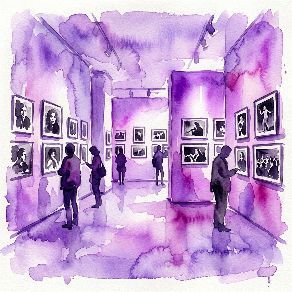 Ilustracja akwarelowa wystawy galeryjnej z odwiedzającymi oglądającymi czarno-białe fotografie z lat 70. XX wieku, przedstawiające portrety i dokumentację performance autorstwa Cory Pongracz.