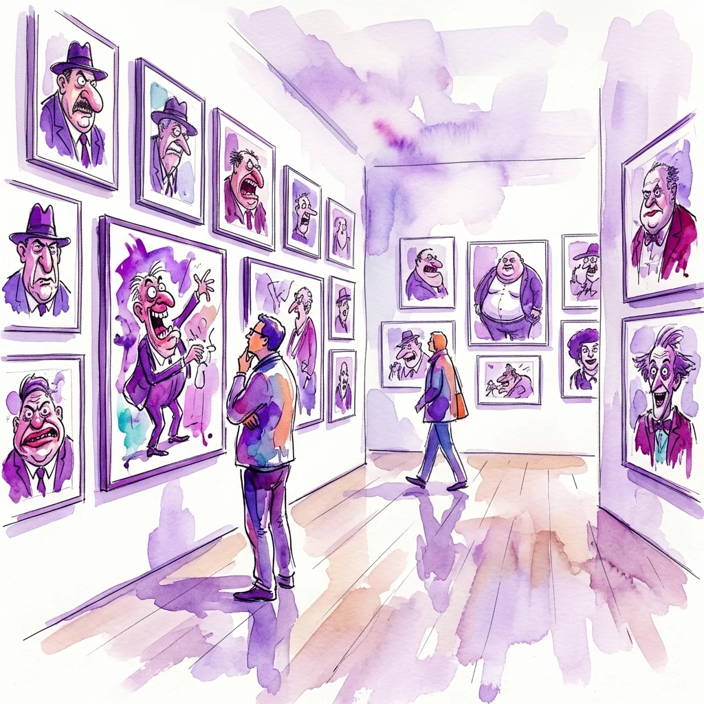 A watercolor illustration of an art gallery exhibition featuring satirical cartoons and expressive portraits by Manfred Deix, with visitors viewing the vibrant, purple-hued artworks on display.