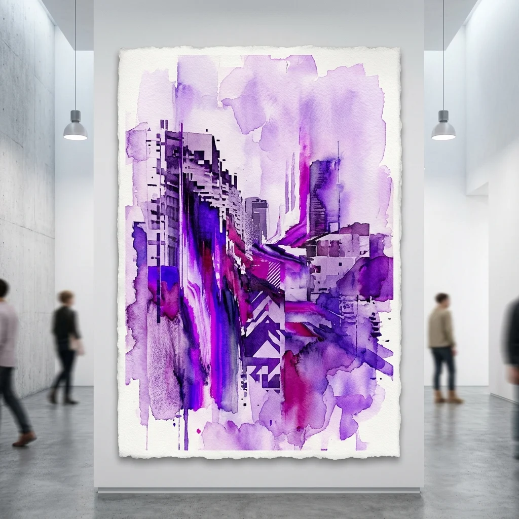 Duże, abstrakcyjne dzieło sztuki w kolorach fioletowym i magenta z efektami cyfrowego zakłócenia, wyeksponowane na białej ścianie w nowoczesnej galerii z przechodzącymi obok odwiedzającymi.