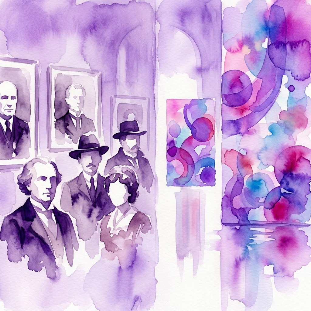 Een gesplitst kunstwerk in aquarel dat links zwarte en witte portretten van historische figuren afbeeldt, contrasterend met levendige abstracte kleurencomposities rechts, die de tentoonstelling 'Doppelleben (Een Dubbelleven)' van René Burri vertegenwoordigen.