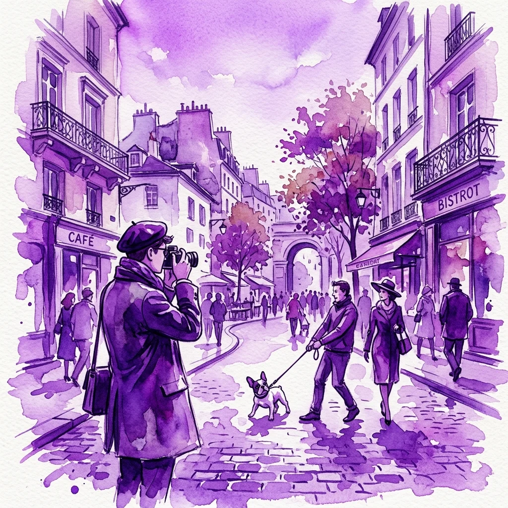 Een aquarelillustratie van een fotograaf met een baret die een Parijse straatscène vastlegt met een hond, café en bistro onder een paarse hemel.