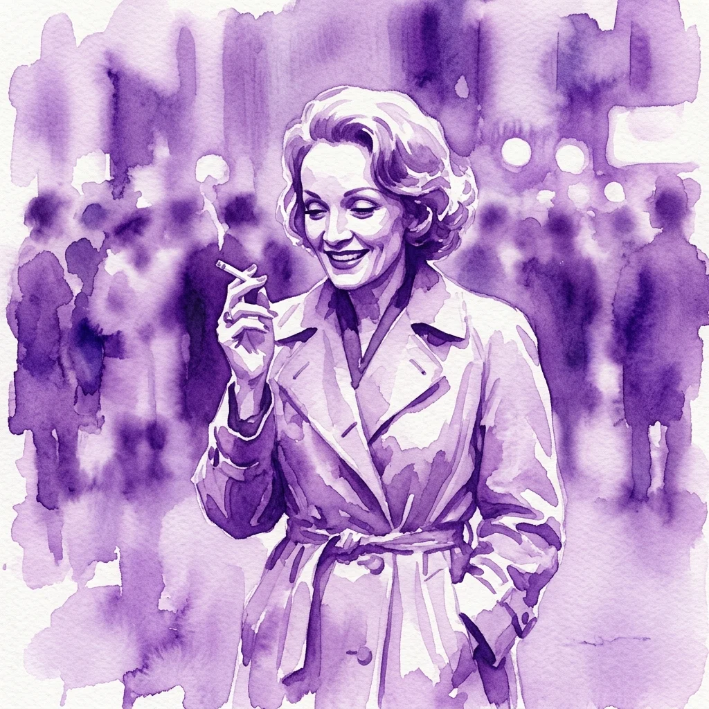 Ilustracja akwarelowa w odcieniach fioletu przedstawiająca kobietę w płaszczu-trenczu trzymającą papierosa, inspirowana szczerymi portretami celebrytów autorstwa Eve Arnold.