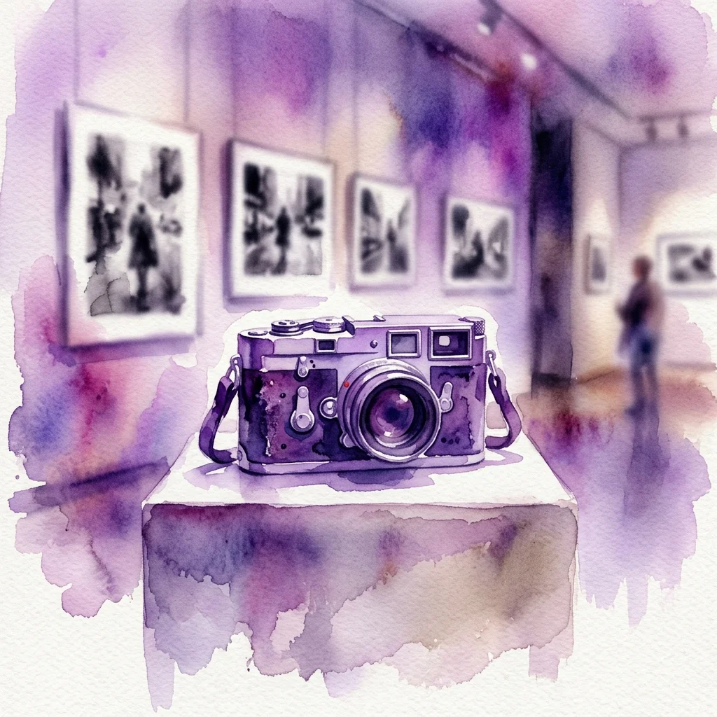 Stary aparat Leica wyeksponowany na postumencie w galerii sztuki, z czarno-białymi odbitkami fotografii na ścianach, przywołujący dziedzictwo fotografii Leica.