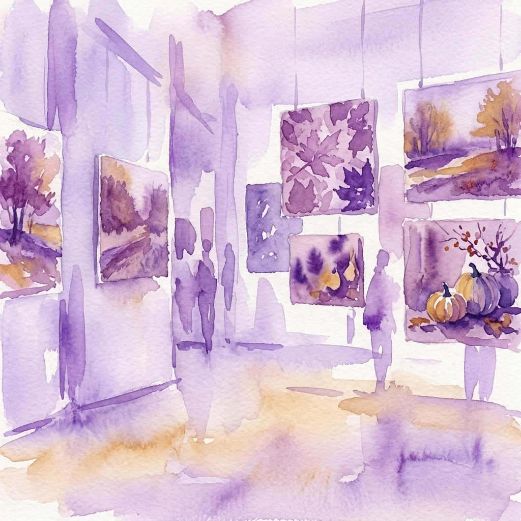 Watercolor illustration of an art gallery exhibition titled 'FAVORITE FALL,' featuring autumn-themed photographs and still lifes with pumpkins and leaves, displayed on purple-hued walls.