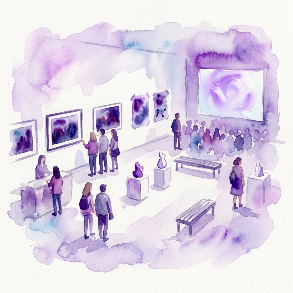 Waterverfillustratie van een kunstgalerie-expositie met bezoekers die ingelijste foto's, sculpturen en een groot projectiescherm bekijken, wat een hedendaagse kunstshow weerspiegelt.