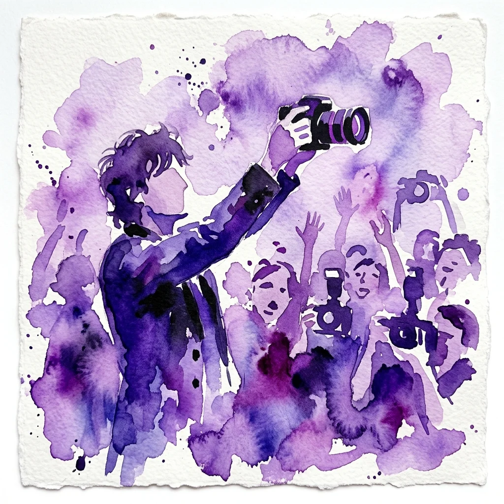 Een aquarelillustratie in paarse tinten die een figuur met een camera afbeeldt, omringd door een menigte mensen, die het thema media-aandacht en beroemdheid vastlegt.