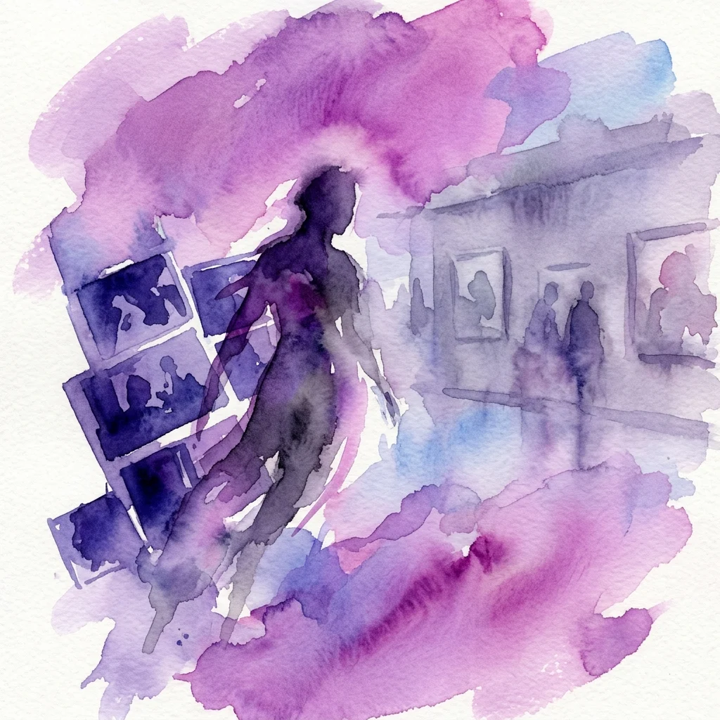 A watercolor illustration of a spectral figure emerging from photographic negatives in a gallery setting, representing David Schalko's 'GEISTER' photography exhibition.