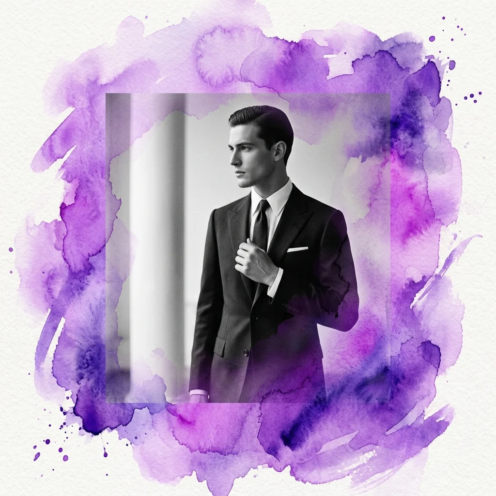 Zwart-witfoto van een mannelijk model in een klassiek pak, omlijst door paarse aquarel, geïnspireerd op de tijdloze elegantie van George Hoyningen-Huene.