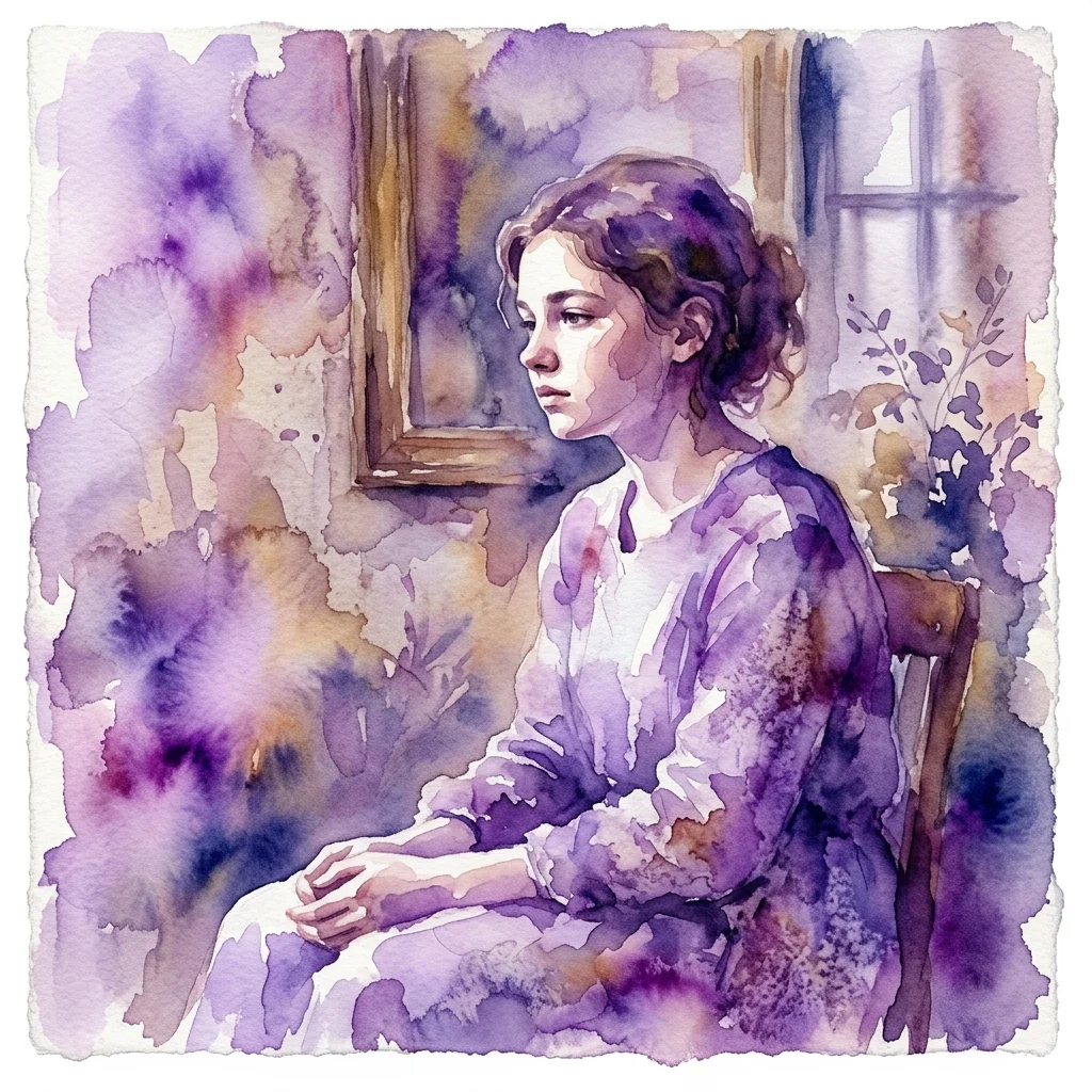 Portret akwarelowy młodej osoby z profilu, wykonany w miękkich odcieniach fioletu i lawendy, przywołujący tematykę dojrzewania i introspekcji.