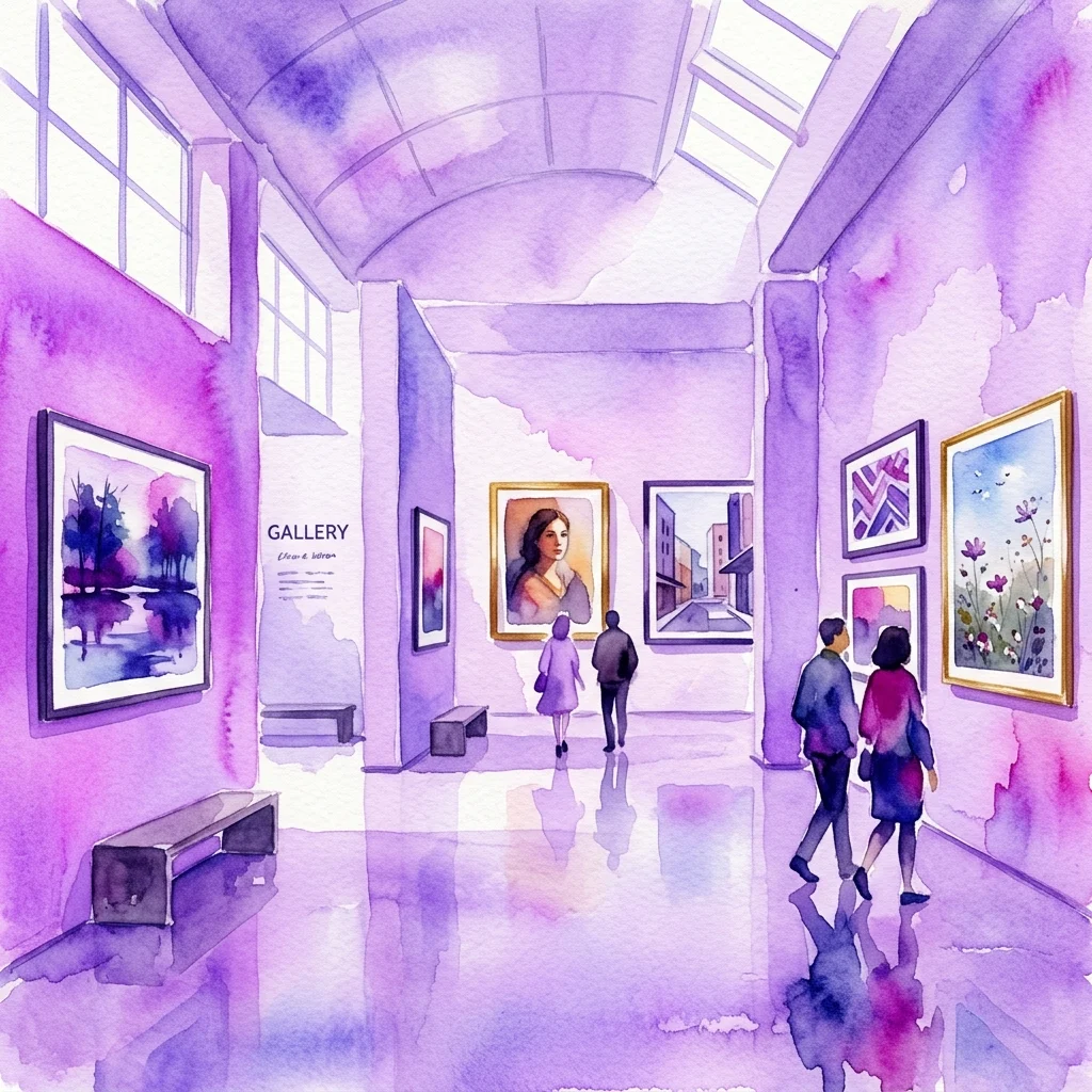 Waterverfillustratie van een moderne kunstgalerie met paarse muren, ingelijste kunstwerken en bezoekers die door de tentoonstellingsruimte lopen.