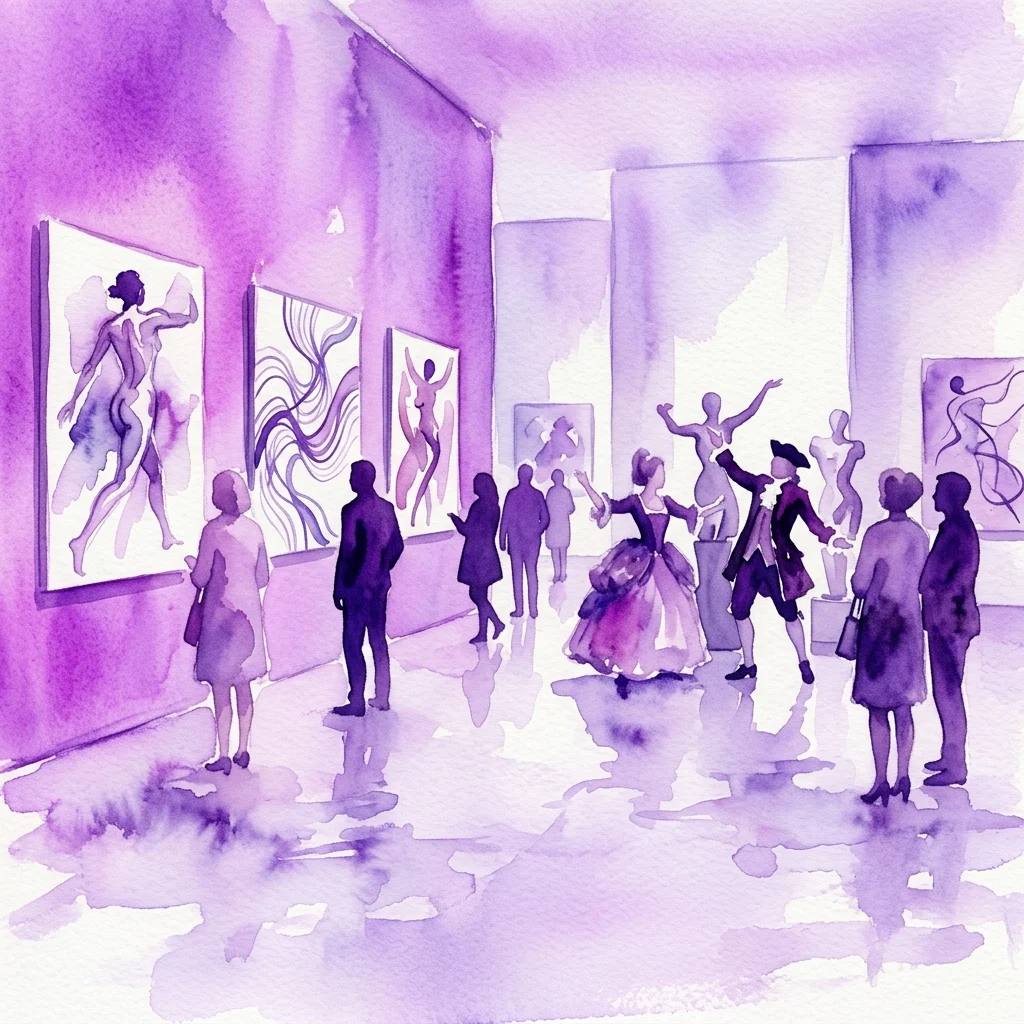 Ilustración en acuarela de un espacio de galería con visitantes observando obras de arte que representan figuras humanas y líneas abstractas, evocando la exposición 'Anja Manfredi: Images of Movement' en la Galería OstLicht.