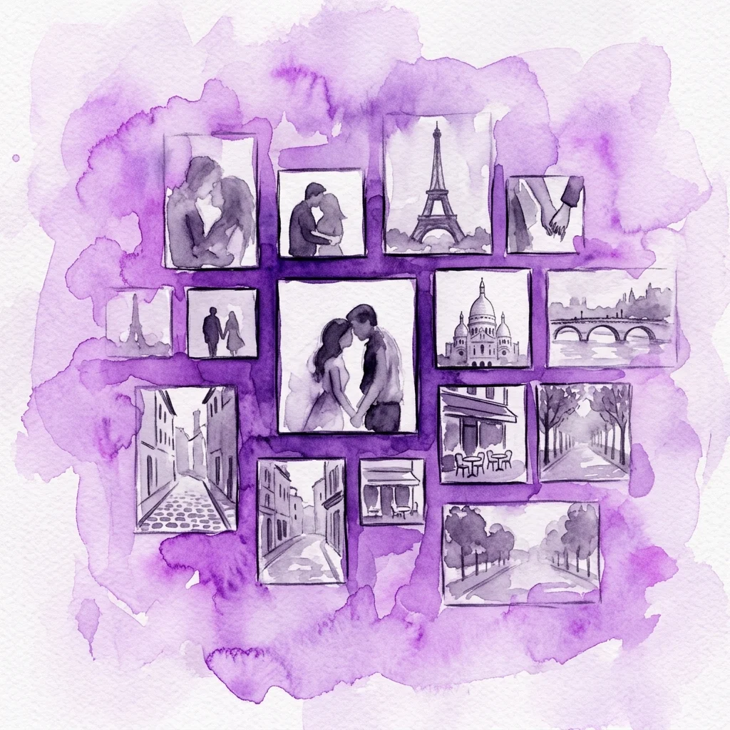 A watercolor collage of black and white photographs featuring romantic couples, Parisian landmarks like the Eiffel Tower and Sacré-Cœur, and intimate city scenes, all framed in purple.