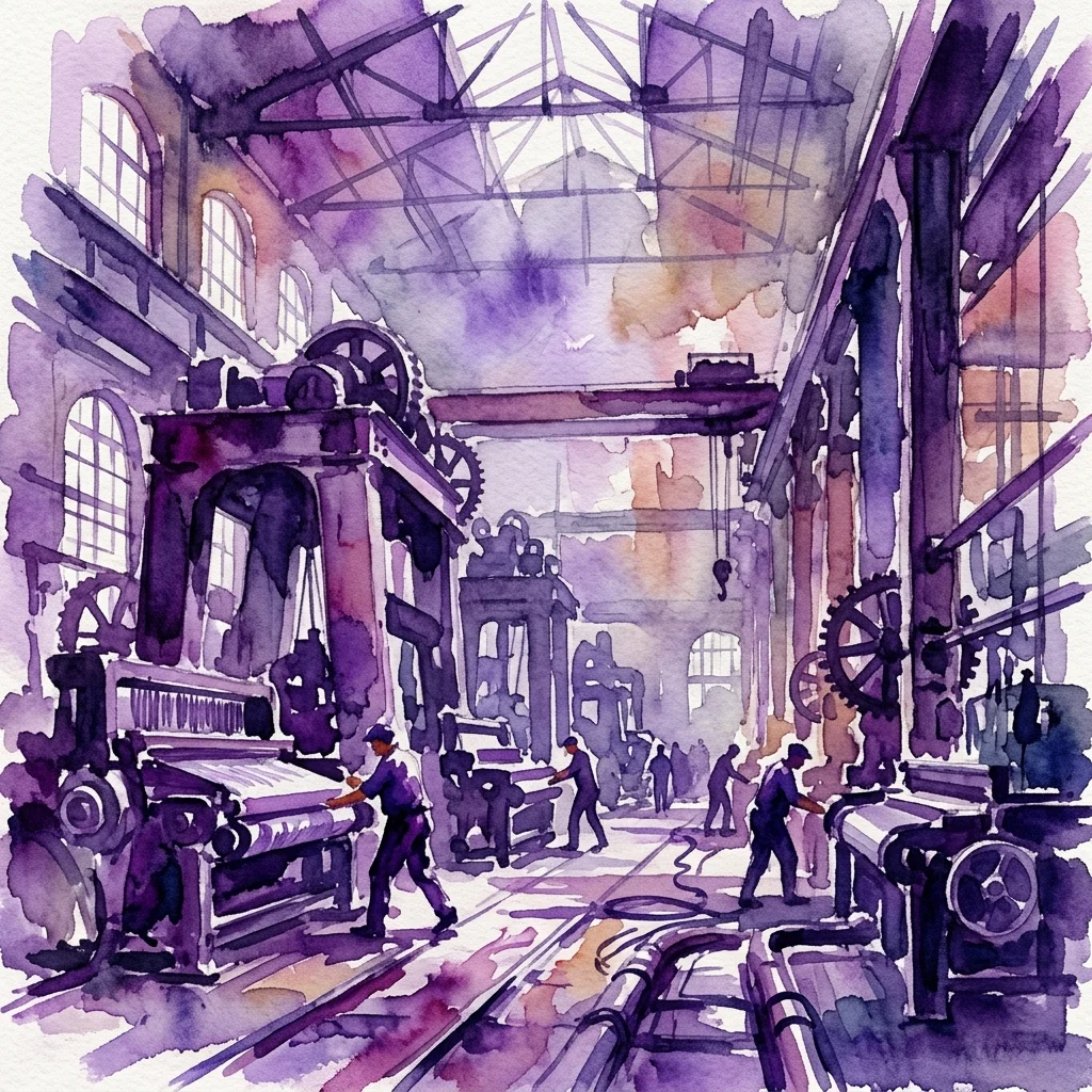 Ilustración en acuarela del interior de una fábrica industrial con trabajadores operando maquinaria pesada, techos altos y ventanas arqueadas, evocando la escala y la historia del trabajo en fábrica.