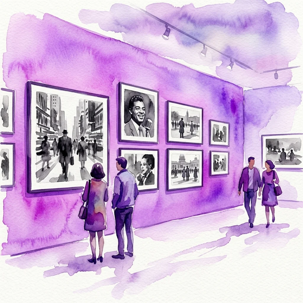 Watercolor illustration of visitors viewing a photojournalism exhibition with black and white photographs on purple walls in a modern gallery.
