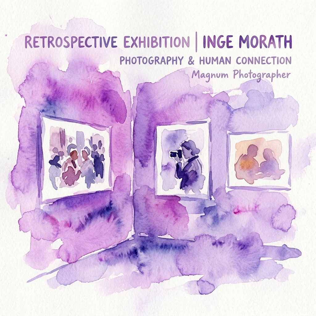 Waterverfillustratie van een retrospectieve tentoonstelling van Inge Morath's fotografie, met ingelijste foto's van mensen en een fotograaf, en tekst die haar werk over menselijke verbinding benadrukt.