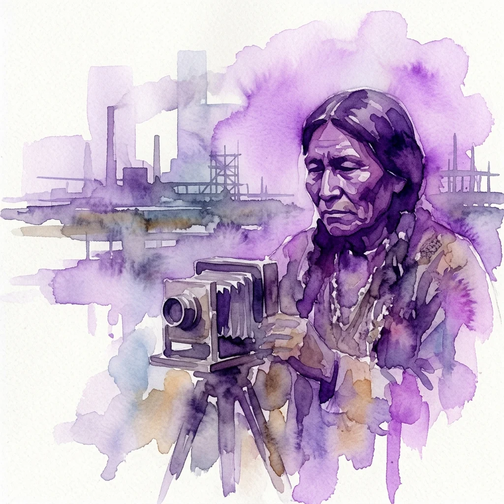 A watercolor portrait of an indigenous person holding a vintage plate camera, with industrial buildings in the background, evoking cultural preservation against industrialization.