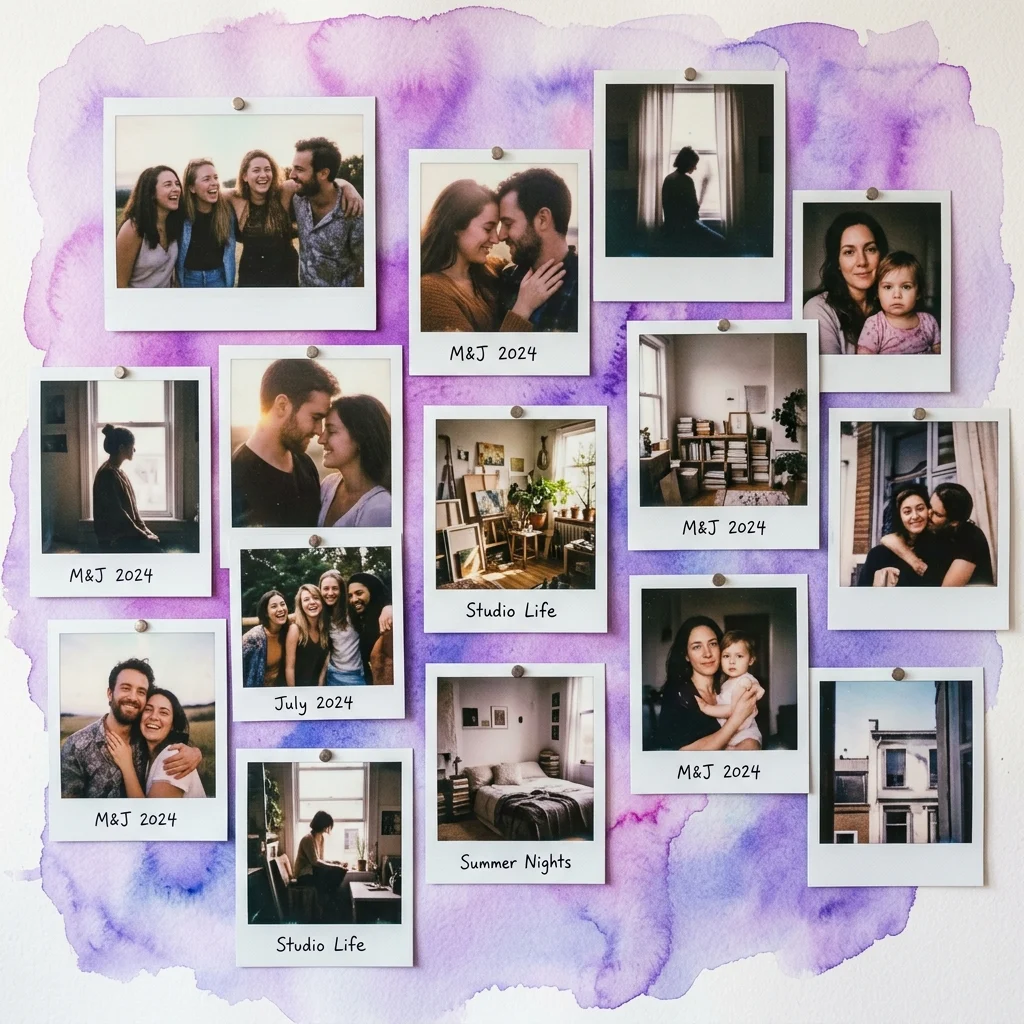Kolekcja wielkoformatowych zdjęć Polaroid przedstawiająca intymne portrety przyjaciół i rodziny, wnętrza studia oraz osobiste chwile, prezentowana na fioletowym tle akwarelowym.