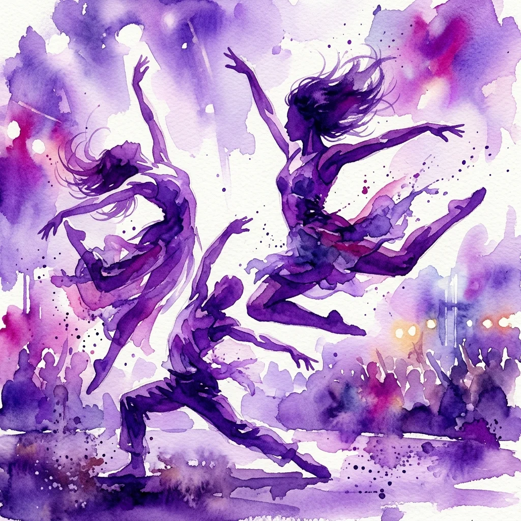Ilustracja akwarelowa trzech tancerzy w dynamicznym ruchu, wykonana w żywych fioletowych odcieniach, uchwycająca energię i emocje współczesnego spektaklu tanecznego.