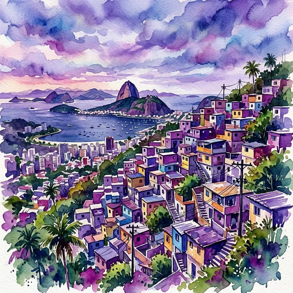 Een aquarel van de favela's van Rio de Janeiro met kleurrijke gebouwen, weelderig groen en de Suikerbroodberg op de achtergrond onder een dramatische paarse lucht.