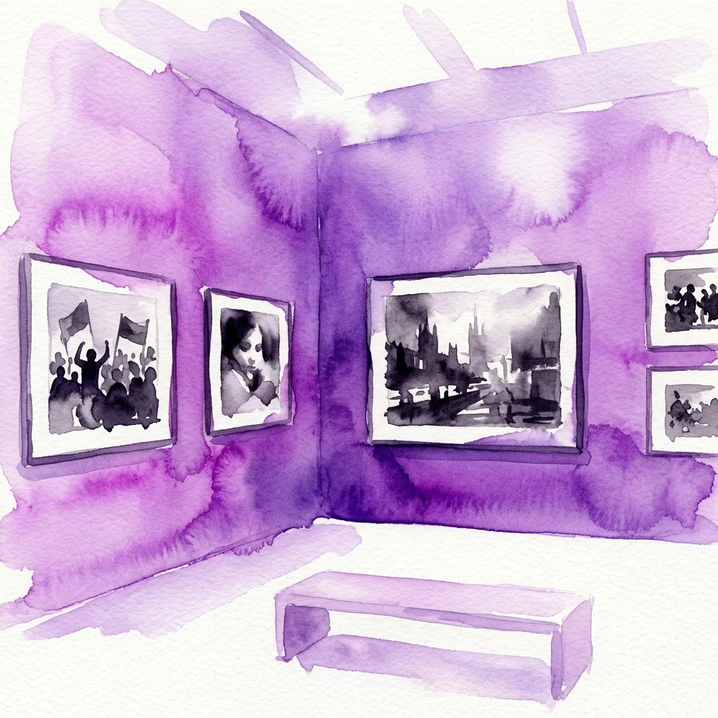 Ilustración en acuarela de una galería de arte con paredes moradas que exhiben fotografías en blanco y negro de la exposición Magnum Masterpieces.