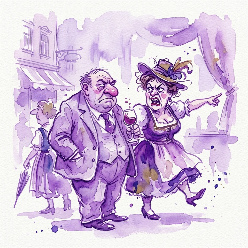 Tętniąca życiem fioletowa ilustracja akwarelowa Manfreda Deixa przedstawiająca karykaturalne postacie w satyrycznej scenie, odzwierciedlająca jego charakterystyczny styl komentarza społecznego.