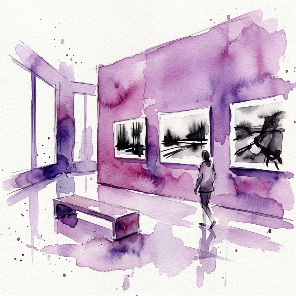 Watercolor illustration of a gallery space with purple walls, featuring black and white abstract photographs by Mario Giacomelli, with a visitor observing the artwork.