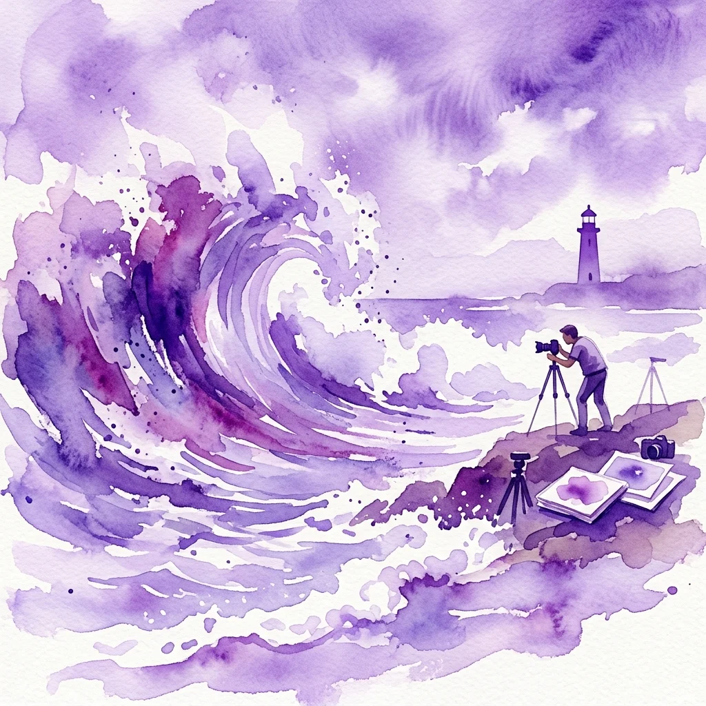 An artist photographing a large ocean wave with a camera on a tripod, set against a purple watercolor backdrop with a distant lighthouse, illustrating Max Piva's 'Ode to the Sea' exhibition.