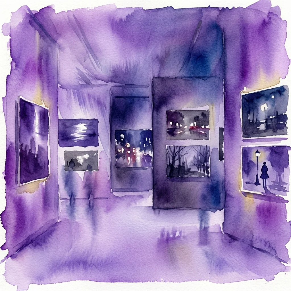 Ilustración en acuarela de una galería tenuemente iluminada con tonos púrpuras y azules, que presenta obras de arte enmarcadas que representan escenas nocturnas con farolas, siluetas e imaginería urbana abstracta.